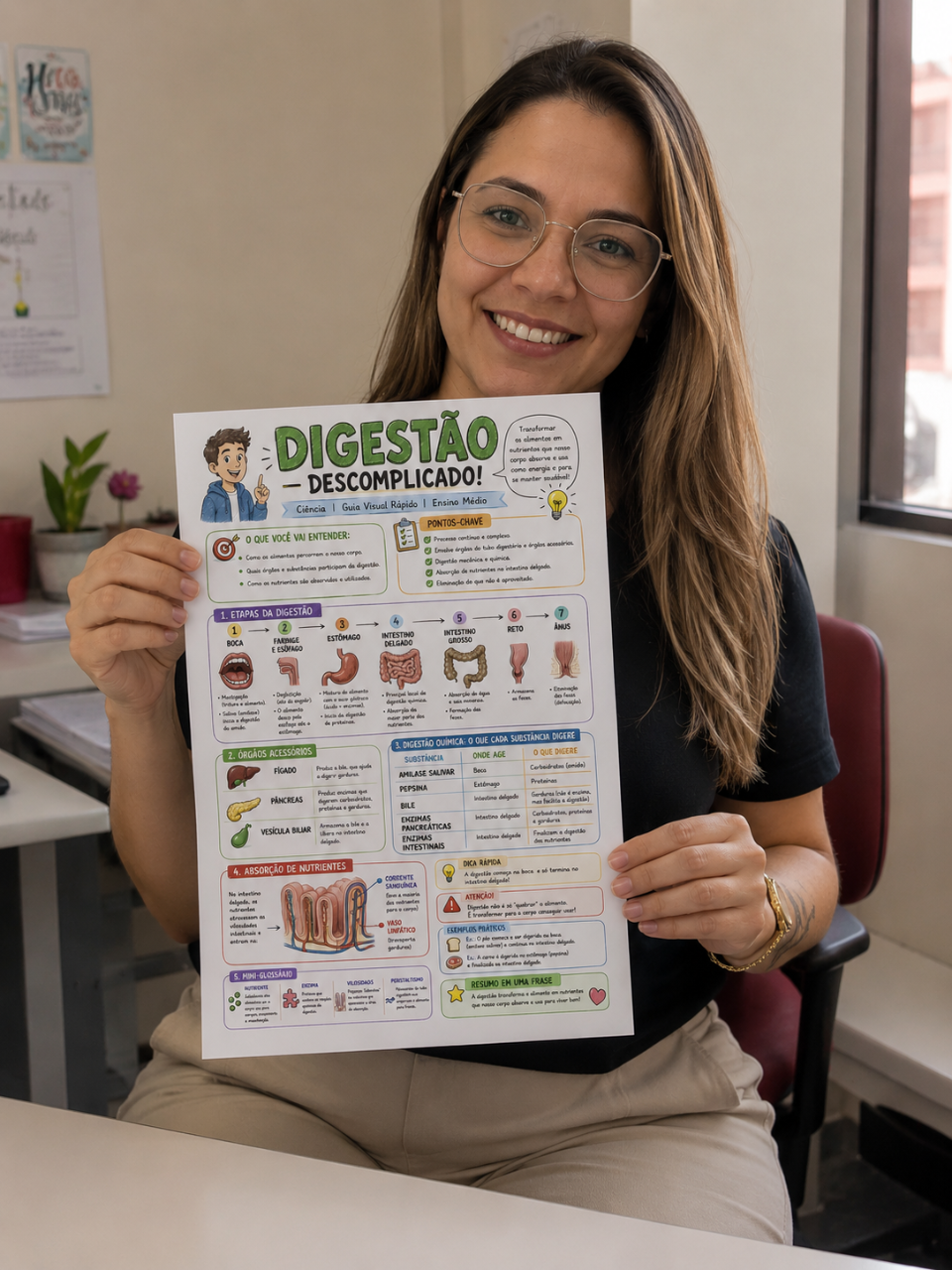 Professora apresentando material visual sobre digestão criado na plataforma