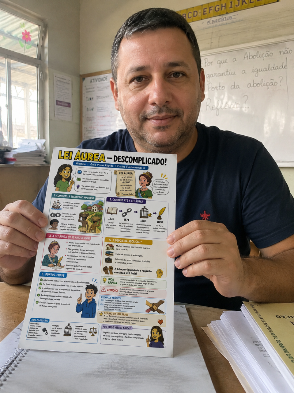 Professor com material visual sobre a Lei Áurea